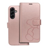 OEM Samsung Galaxy A56 5G könyvtok, fliptok, telefon tok, oldalra nyíló tok, mágneszáras, bankkártyatartós, maci mintás, rose gold, Forcell Mezzo