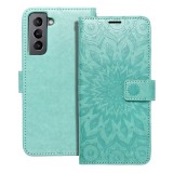 OEM Samsung Galaxy S21 5G könyvtok, fliptok, telefon tok, oldalra nyíló tok, mágneszáras, bankkártyatartós, mandala mintás, zöld, Forcell Mezzo