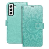 OEM Samsung Galaxy S21 FE 5G könyvtok, fliptok, telefon tok, oldalra nyíló tok, mágneszáras, bankkártyatartós, mandala mintás, zöld, Forcell Mezzo