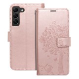 OEM Samsung Galaxy S22 5G könyvtok, fliptok, telefon tok, oldalra nyíló tok, mágneszáras, bankkártyatartós, fa mintás, rose gold, Forcell Mezzo