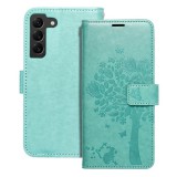 OEM Samsung Galaxy S22 5G könyvtok, fliptok, telefon tok, oldalra nyíló tok, mágneszáras, bankkártyatartós, fa mintás, zöld, Forcell Mezzo