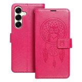 OEM Samsung Galaxy S24 FE 5G könyvtok, fliptok, telefon tok, mágneszáras, bankkártyatartós, álomfogó mintás, magenta, Forcell Mezzo