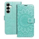 OEM Samsung Galaxy S24 FE 5G könyvtok, fliptok, telefon tok, oldalra nyíló tok, mágneszáras, bankkártyatartós, mandala mintás, zöld, Forcell Mezzo
