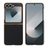 OEM Samsung Galaxy Z Flip6 5G telefon tok, elő+hátlap tok, műanyag, velúr belsővel, fekete, bronz kerettel, VOUGE
