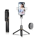 OEM Selfie bot, tripod, távirányítóval, bluetooth-os, vezeték nélküli, levehető LED fénnyel, fekete, Stand XT-06S