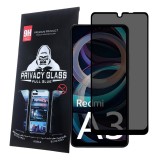 OEM Xiaomi Redmi A3 4G üvegfólia, tempered glass, előlapi, edzett, hajlított, fekete kerettel, betekintés védelemmel, Privacy