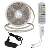 Optonica RGB LED Bluetooth03: 5m DC12V 5050 60SMD/m IP54 RGB LED szalag+adapter tápegység+Bluetooth vezérlő+távirányító - 8W/m,480lm/m,10mm