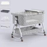 összecsukható kiságy, 6 állítható pozíció, dönthető, zárrendszer, rovarháló, tárolókosár, kerekek fékekkel