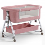 összecsukható kiságy, 6 állítható pozíció, dönthető, zárrendszer, rovarháló, tárolókosár, kerekek fékekkel, rózsaszín