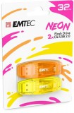 Pendrive, 32GB, 2 db, USB 2.0, EMTEC "C410 Neon", narancs és citromsárga