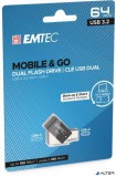Pendrive, 64GB, USB 3.2, USB-A bemenet/USB-C kimenet, EMTEC &#039;T260C Dual&#039;