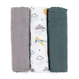 Petite&Mars Bambusz muszlin 3db-os pelenka szett Moussy Grey Planes, 68 x 68 cm