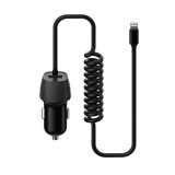 Platinet autós töltő beépített USB Lightning csavart kábellel + USB aljzat, 3,4A, fekete