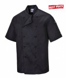 Portwest Szakácskabát - fekete, rövid ujjú, gombos