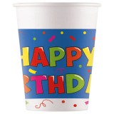 Procos Kékfehér alapú szülinapi "Happy Birthday" feliratú papírpohár 8db-os szett 200ml