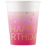 Procos Rózsaszín színű szülinapi "Happy Birthday" feliratú papírpohár 8db-os szett 200ml