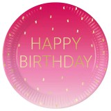 Procos Rózsaszín színű szülinapi "Happy Birthday" feliratú papírtányér 8db-os szett 23cm