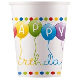Procos Színes lufis szülinapi "Happy Birthday" feliratú papírpohár 200 ml 8db-os szett