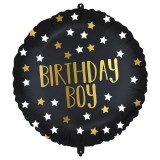Procos Szülinapi fólia lufi – "Birthday Boy" felirattal, fekete-arany csillagos 46cm