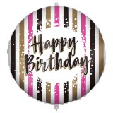 Procos Szülinapi fólia lufi – „Happy Birthday” felirattal, arany-fekete-rózsaszín csíkos design 46cm