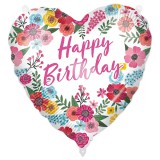 Procos Szülinapi fólia lufi – „Happy Birthday” felirattal, szív alakú, virágos mintával 46cm