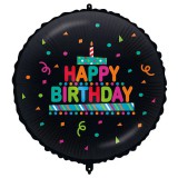 Procos Szülinapi fólia lufi – „Happy Birthday” felirattal, tortás-konfettis, fekete alapon 46cm