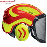 PROTOS Integral Forest erdészeti védősisak piros alap - citromsárga minta