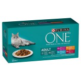 Purina One teljes értékű állateledel felnőtt macskák számára - csirke, marha, bárány, tengeri hal 2 x (40 x 85 g)