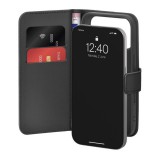 Puro Wallet Stand Case tok iPhone 17 Pro Max készülékhez ökobőrből, patenttal, pénztárcával és állvány funkcióval - Fekete