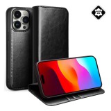 Qialino Apple iPhone 15 Pro Max tok álló, valódi bőr (flip, oldalra nyíló, asztali tartó) fekete