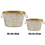 QX IMPEX KFT IRIS bádog kaspó, szettben, 2 darabos, füllel, ovális alakú, arany, fehér nyomott mintás 26 x 16 cm
