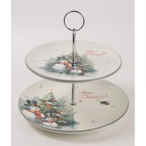 QX IMPEX KFT IRIS kerámia kínáló szett, 2 emeletes, hóemberek a karácsonyfa előtt, "merry christmas" felirat 26 cm