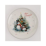 QX IMPEX KFT IRIS kerámia tányér, hóemberek a karácsonyfa előtt, "merry christmas" felirat 25 cm