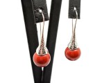 R.M.ékszer Fülbevaló golyó jáspis vörös mintás kürt lógós 10-11mm