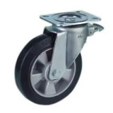 RADER Talplemezes forgó-fékes görgő elasztikus gumikerékkel, alumínium felnivel, golyóscsapágyas, 250 mm, 550 kg, KPW-ALGE széria