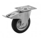 RADER Talplemezes forgó-fékes tömörgumi görgő fekete kerékkel, acél felnivel, gördülőcsapágyas, 100 mm, 70 kg, CKPS széria
