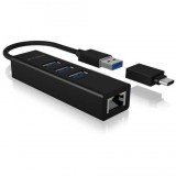 RaidSonic ICY BOX USB3.0 HUB 3Port 1xUSB-C Adapter 1xGigabit LAN Ethernet passiv Fekete (IB-HUB1419-LAN) - USB Elosztó