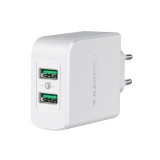 Rampow RBA16 hálózati gyorstöltő adapter 2xUSB QC, 39W, fehér