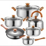 Retoo 11 részes rozsdamentes acél edénykészlet, 3 fazékkal és 2 serpenyővel, vízforralóval, fa hatású fogantyúval indukciós főzőlapra is