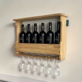 Rusztikus fa falra szerelhető boros polc pohártartóval