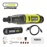 RYOBI 4V nagyfordulatszámú mikrogép szett 1×2.0Ah akku, USB-C töltőkábel, 15db tartozék, RRT4-120GA15