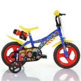 Sam, a tűzoltó 12” gyerek bicikli kulacstartóval és oldalkerekekkel kék-sárga színben – Dino Bikes kerékpár