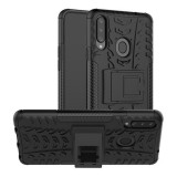 Samsung Galaxy A20s SM-A207F, Műanyag hátlap védőtok, Defender, kitámasztóval és szilikon belsővel, autógumi minta, Fekete