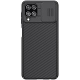 Samsung Galaxy A22 4G SM-A225F, Műanyag hátlap védőtok, közepesen ütésálló, kamera védelem, csíkos minta, Nillkin CamShield, fekete (RS109593) - Telefontok