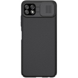 Samsung Galaxy A22 5G SM-A226B, Műanyag hátlap védőtok, közepesen ütésálló, kamera védelem, csíkos minta, Nillkin CamShield, fekete (RS109596) - Telefontok