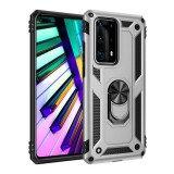 Samsung Galaxy A90 5G SM-A908B, Műanyag hátlap védőtok, közepesen ütésálló, szilikon belső, telefontartó gyűrű, Defender, Ezüst