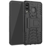 Samsung Galaxy M30 SM-M305F, Műanyag hátlap védőtok, Defender, kitámasztóval és szilikon belsővel, autógumi minta, Fekete