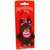 Sekiguchi Monchhichi - lány kulcstartó figura rózsaszín előkével - 10 cm