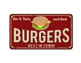 SilverHome Vintage Dekor Fémtábla, dombornyomott, 'BURGERS BEST IN TOWN!' felirat, retro hangulatú kialakítás, 30x20cm