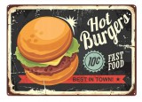 SilverHome Vintage Dekor Fémtábla, dombornyomott, 'HOT BURGERS FAST FOOD' felirat, retro hangulatú kialakítás, 30x20cm